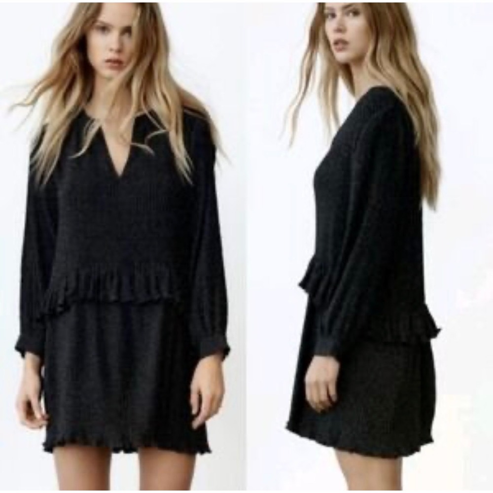 Zara Womens Black White Polka Dot Plisse Ruffle Tiered Mini Dress Size M